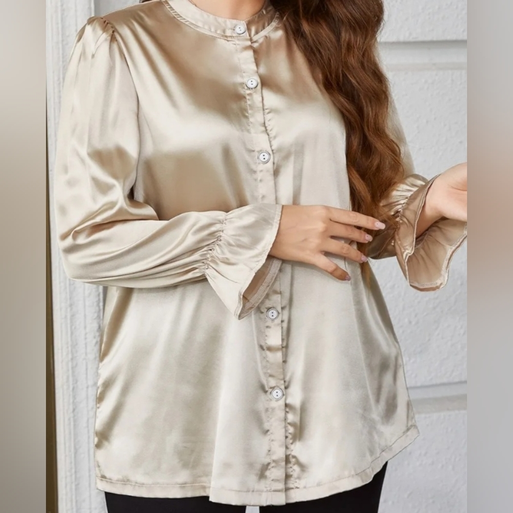 NWOT Champagne Mock Neck Flounce Sleeve Blouse, Plis Size 2XL (18/20)